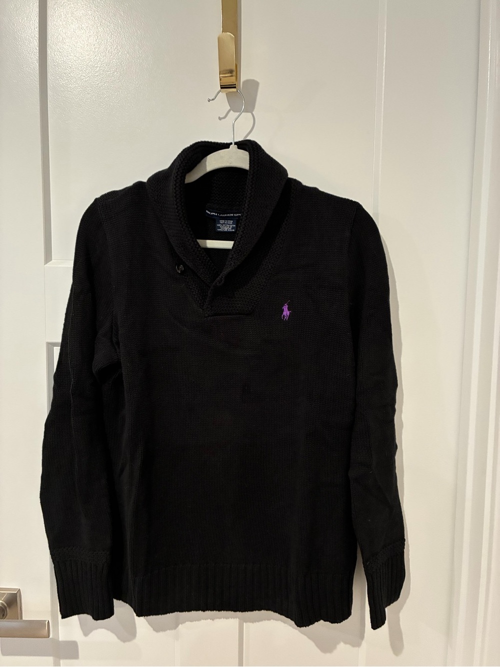 Polo by Ralph Lauren Black Shawl-Collar Turtleneck Sweater with Purple Pony